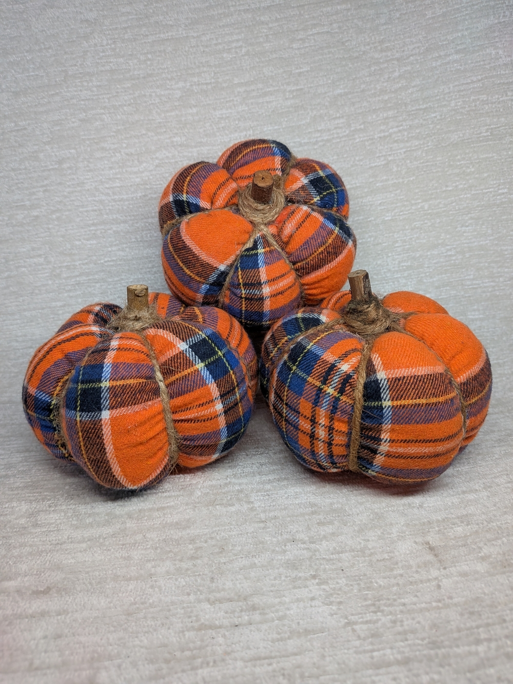 Plaid Orange Fabric Pumpkin Décor - Home Holiday Accent Set Of 3